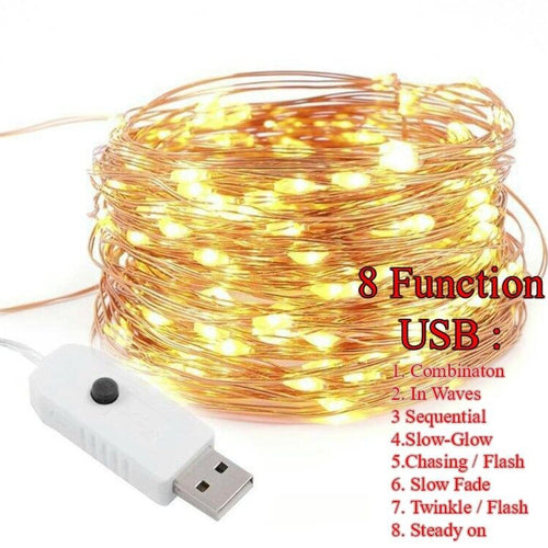 MSC 100 LED USB Powered 10M 8 Function Warm White Coloured String Fairy Light